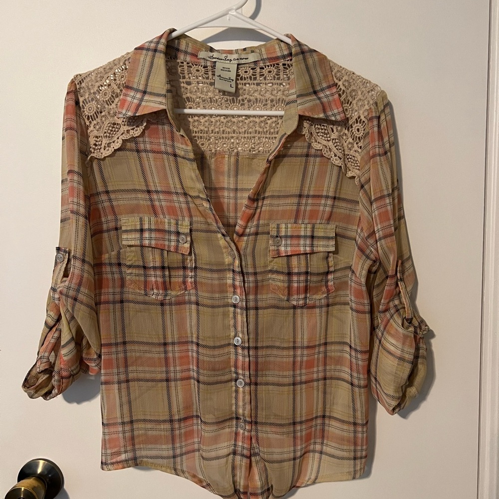 American Rag Plaid Button-Up Top - Beige and Pink